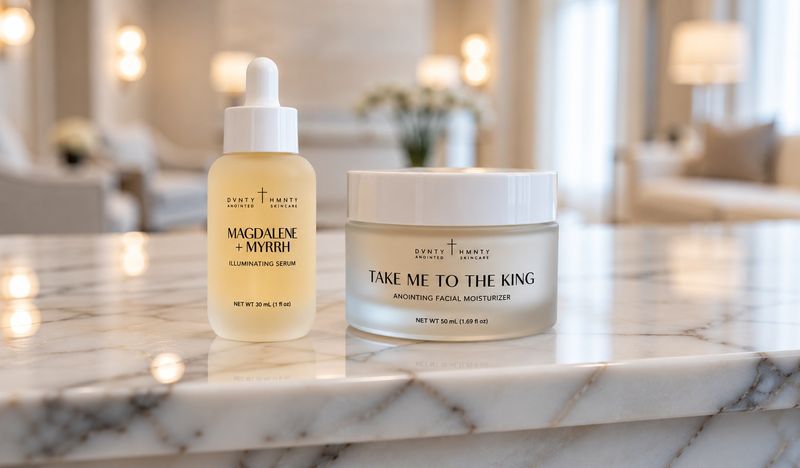 DVNTY Anointed Skincare Magdalene + Myrrh Illuminating Serum and Take Me to the King Anointing Facial Moisturizer on a marble counter.